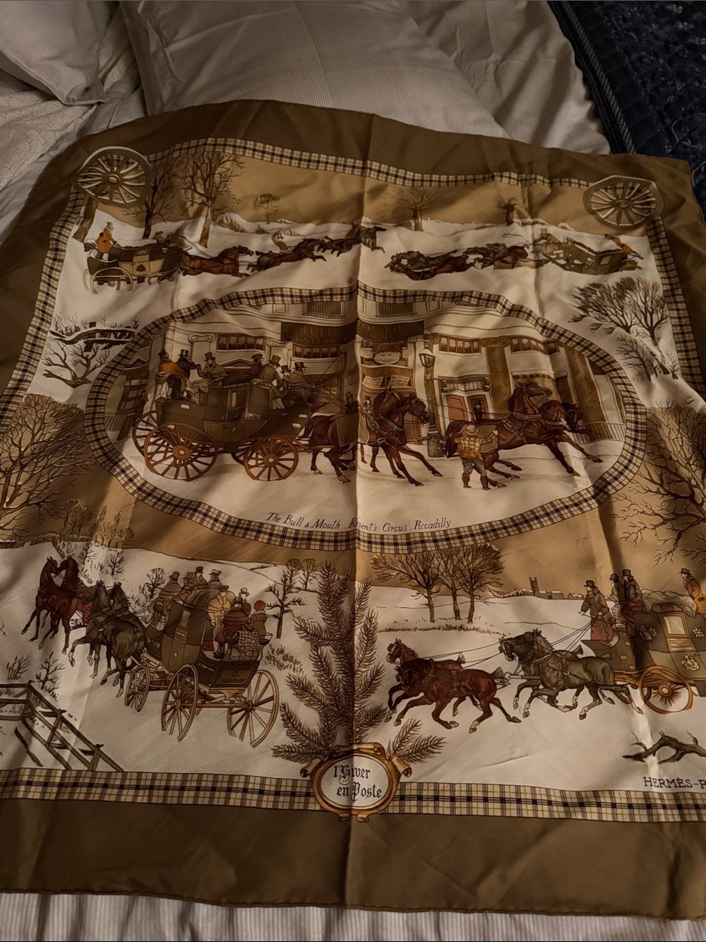 Hermes Brown and Cream Equestrian Stagecoach Silk Scarf